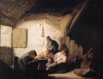 アドリアン ファン オスターデ Painting - 4人の人物がいる村の酒場 オランダの風俗画家 アドリアエン・ファン・オスターデ